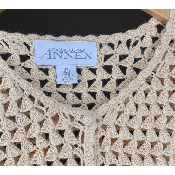 Casual Corner Annex Beige Longsleeve Open Crochet Cardigan Sweater Womens Medium - Picture 4 of 5